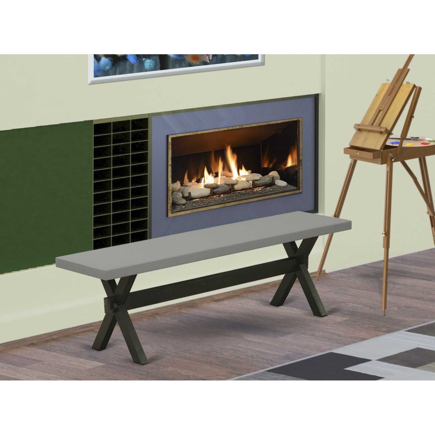 Lakeside X-Style 60" Dining Bench with Wirebrushed Black Legs & Cement Top