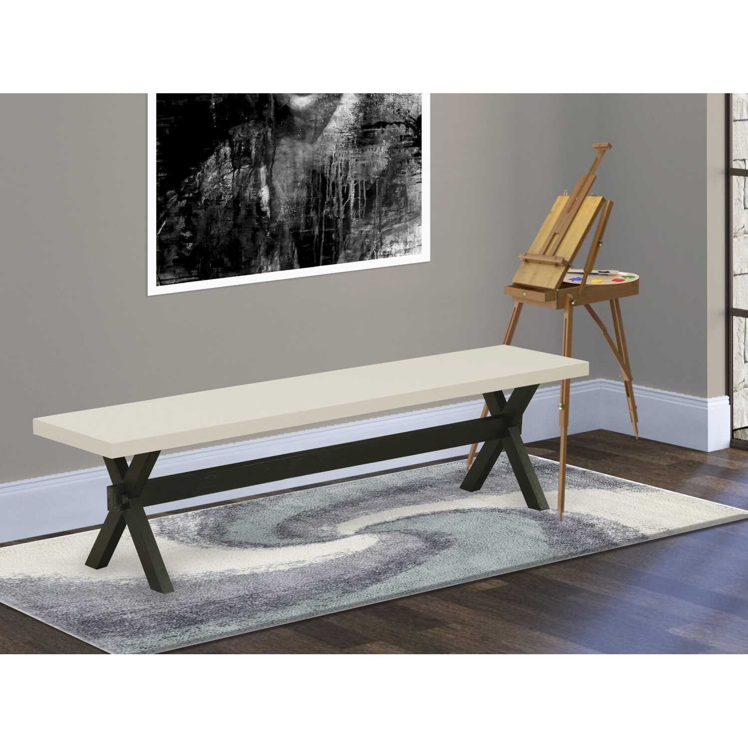 Modern Wire-Brushed 72" Black and Linen White Dining Bench