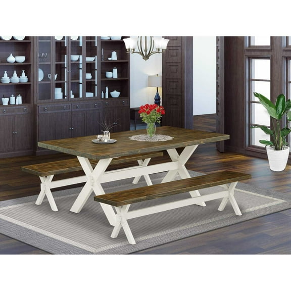 East West Furniture X2-077 3 Piece Modern Dining Table Set - 1 Distressed Jacobean Dinning Table and 2 Dining Bench - Reliable and Sturdy Constructed - Linen White Finish