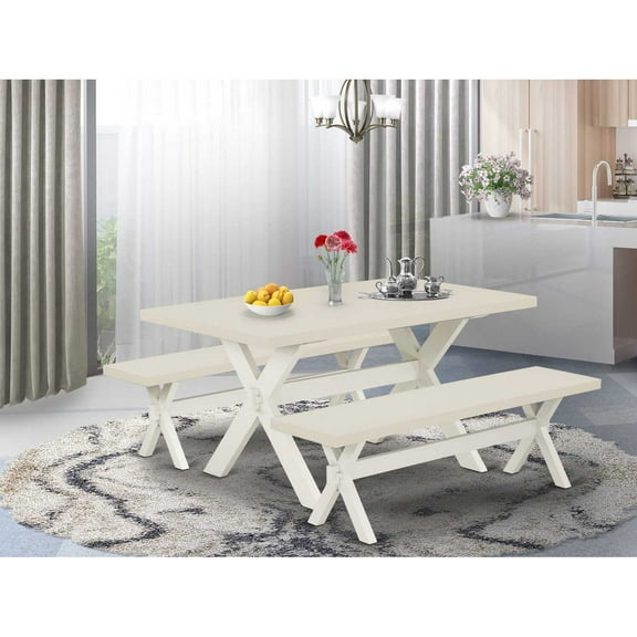 East West Furniture X2-026 3 Piece Kitchen Dining Table Set - 1 Linen White Wood Table and 2 Wood Benches - Stable and Sturdy Constructed - Linen White Finish