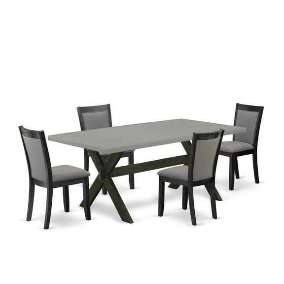 East West Furniture 5 Piece Dining Room Table Set - Cement Top Wood Dining Table with Trestle Base and 4 Dark Gotham Grey Linen Fabric Kitchen Chairs - Wire Brushed Black Finish