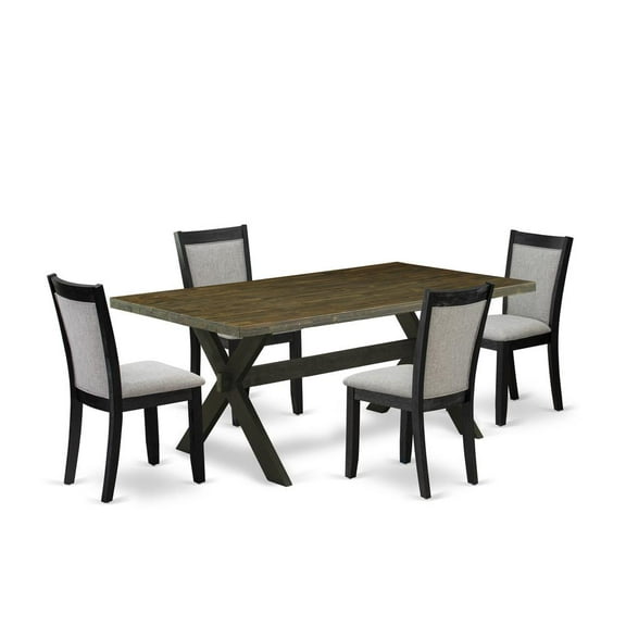 East West Furniture 5 Piece Dining Table Set - A Distressed Jacobean Top Modern Dining Room Table with Trestle Base and 4 Shitake Linen Fabric Kitchen Chairs - Wire Brushed Black Finish