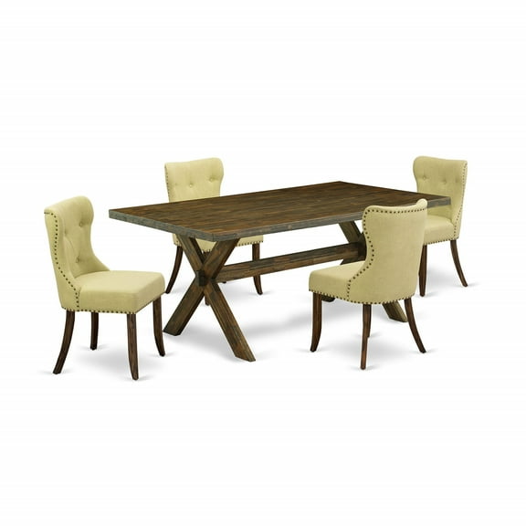 East West Furniture X777SI737-5 5-Pc Modern Dining Set- 4 Parson Dining Chairs with Limelight Linen Fabric Seat and Button Tufted Chair Back - Rectangular Table Top & Wooden Cross Legs -...