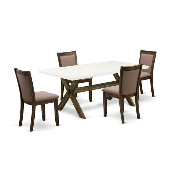 East West Furniture X727MZ748-5 5 Piece Dinette Set - A Wooden Dining Table with Trestle Base and 4 Coffee Wooded Chairs - Distressed Jacobean Finish