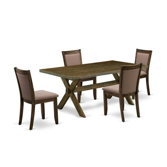 East West Furniture 5 Piece Dinning Table Set - A Distressed Jacobean Top Dining Table with Trestle Base and 4 Coffee Linen Fabric Rustic Dining Chairs - Distressed Jacobean Finish