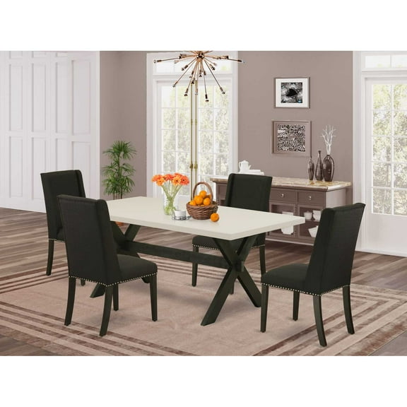 East West Furniture 5-Pc Dining room Set Included 4 Upholstered Dining chairs Upholstered Nails Head Seat and High Button Tufted Chair Back and Rectangular Dinette Table with Linen White...