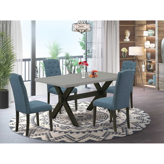 East West Furniture X696CE121-5 5-Pc Kitchen Dining Room Set - 4 Dining Padded Chairs and 1 Modern Cement Kitchen Table Top with Button Tufted Chair Back - Wire Brushed Black Finish