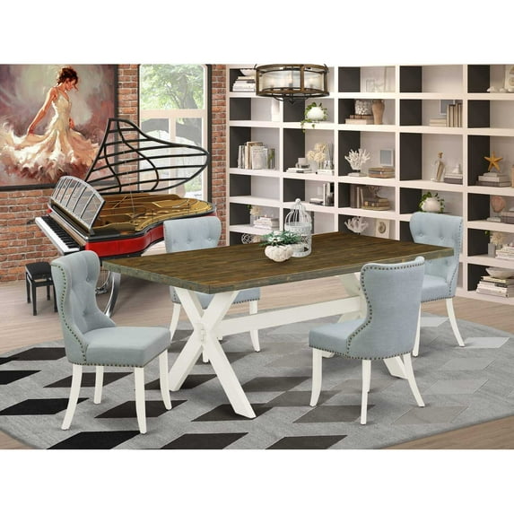 East West Furniture X077SI215-5 5-Piece Dining Table Set- 4 Padded Parson Chairs with Baby Blue Linen Fabric Seat and Button Tufted Chair Back - Rectangular Table Top & Wooden Cross Legs - Distressed