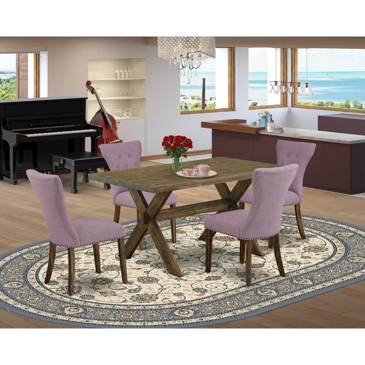 Distressed Jacobean Wood Dining Set with Purple Upholstered Chairs