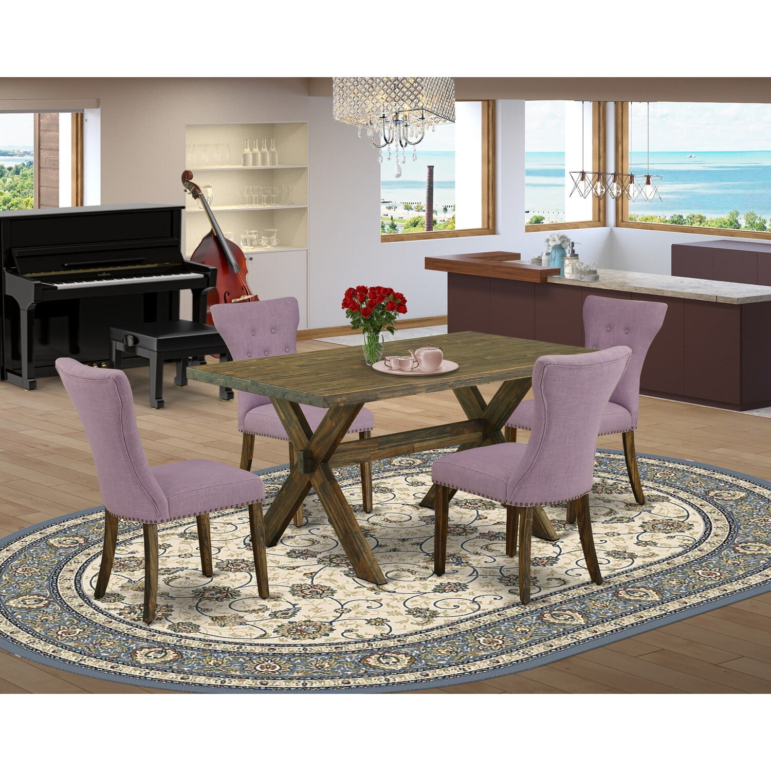 Distressed Jacobean Wood Dining Set with Purple Upholstered Chairs