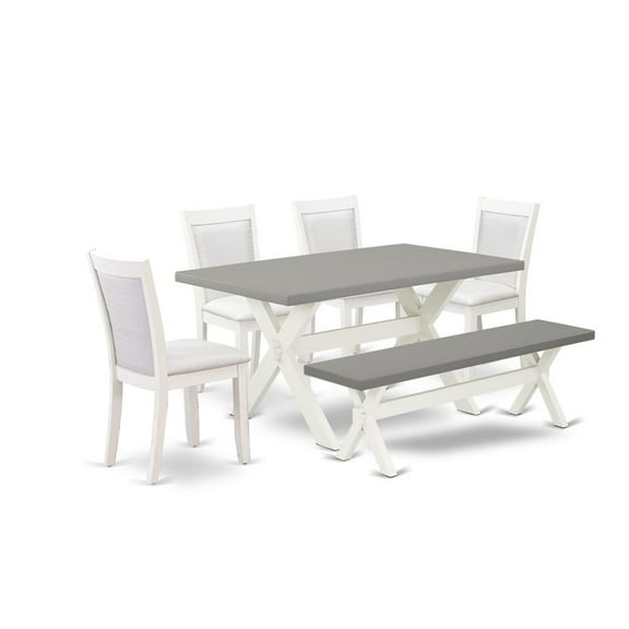 East West Furniture 6-Piece Modern Dining Table Set Includes a Kitchen Table - 4 Cream Linen Fabric Dining Chairs with Stylish Back and a Dining Bench - Wire Brushed Linen White Finish