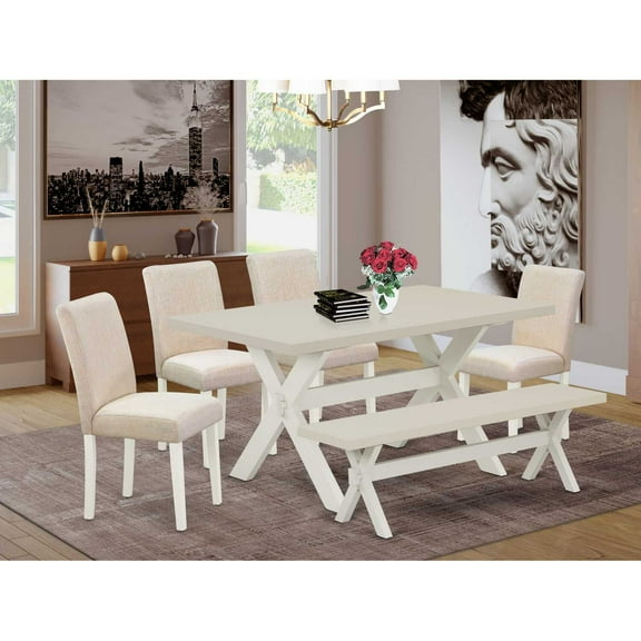 East West Furniture 6-Piece Dinette Table Set-Light Beige Linen Fabric Seat and Stylish Chair Back Kitchen chairs, a Rectangular Bench and Rectangular Top Dining room Table with Solid Wood Legs -...