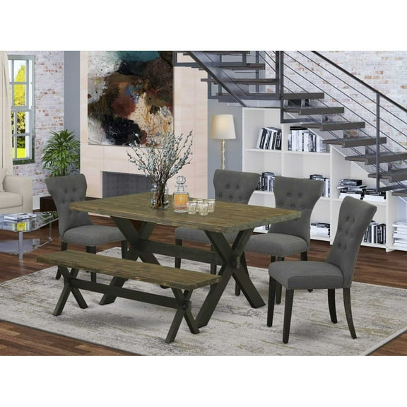 East West Furniture 6-Pc Table Dining Set-Dark Gotham Grey Linen Fabric Seat and Button Tufted Chair Back Parson Dining room chairs, A Rectangular Bench and Rectangular Top Kitchen Table with...