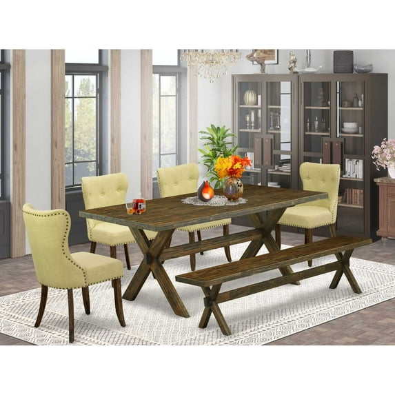 East West Furniture X777SI737-6 6-Piece Dining Room Table Set- 4 Kitchen Parson Chairs with Limelight Linen Fabric Seat and Button Tufted Chair Back - Rectangular Top & Wooden Cross Legs Mid...