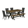 thumbnail image 1 of East West Furniture X677VE650-6 6 Piece Dining Set - 4 Dark Gotham Grey Linen Fabric Dining Room Chairs with Nailheads and Distressed Jacobean Dinner Table - 1 Wood Bench - Black Finish, 1 of 3