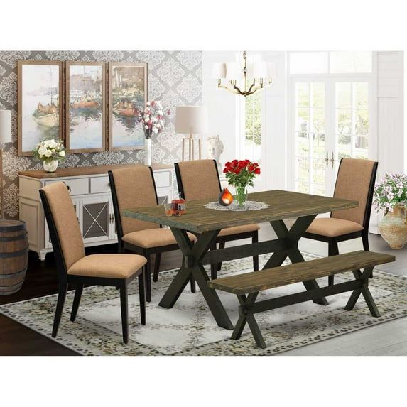 East West Furniture X-Style 6-piece Wood Dining Set in Black/Light Sable