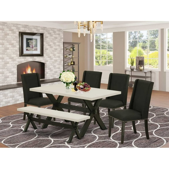 East West Furniture 6-Pc -Black Linen Fabric Seat and High Stylish Chair Back Parson chairs, A Rectangular Bench and Rectangular Top Modern Dining Table with Solid Wood Legs - Linen White and Wire...