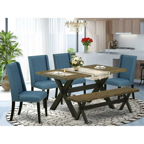 East West Furniture X676FL121-6 6-Piece Awesome kitchen table set an Outstanding Distressed Jacobean Kitchen Rectangular Table Top and Distressed Jacobean Wood Bench and 4 Excellent Linen Fabric...