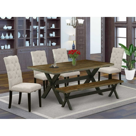 East West Furniture 6-Pc Wooden Dining Table Set-Doeskin Linen Fabric Seat and Button Tufted Chair Back Dining chairs, A Rectangular Bench and Rectangular Top Wood Dining Table with Hardwood Legs...