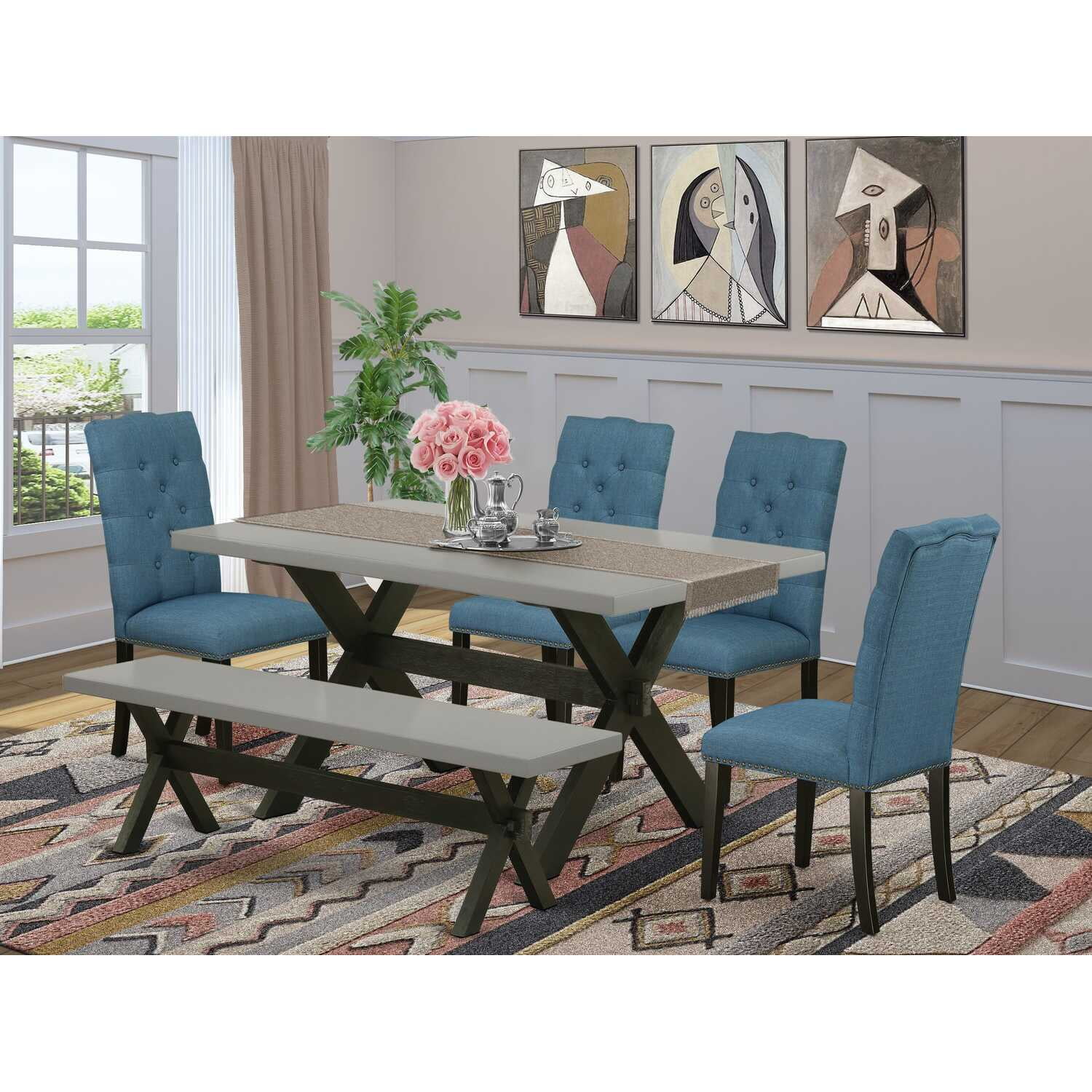 East West 6-Piece Wire Brushed Black and Mineral Blue Dining Set