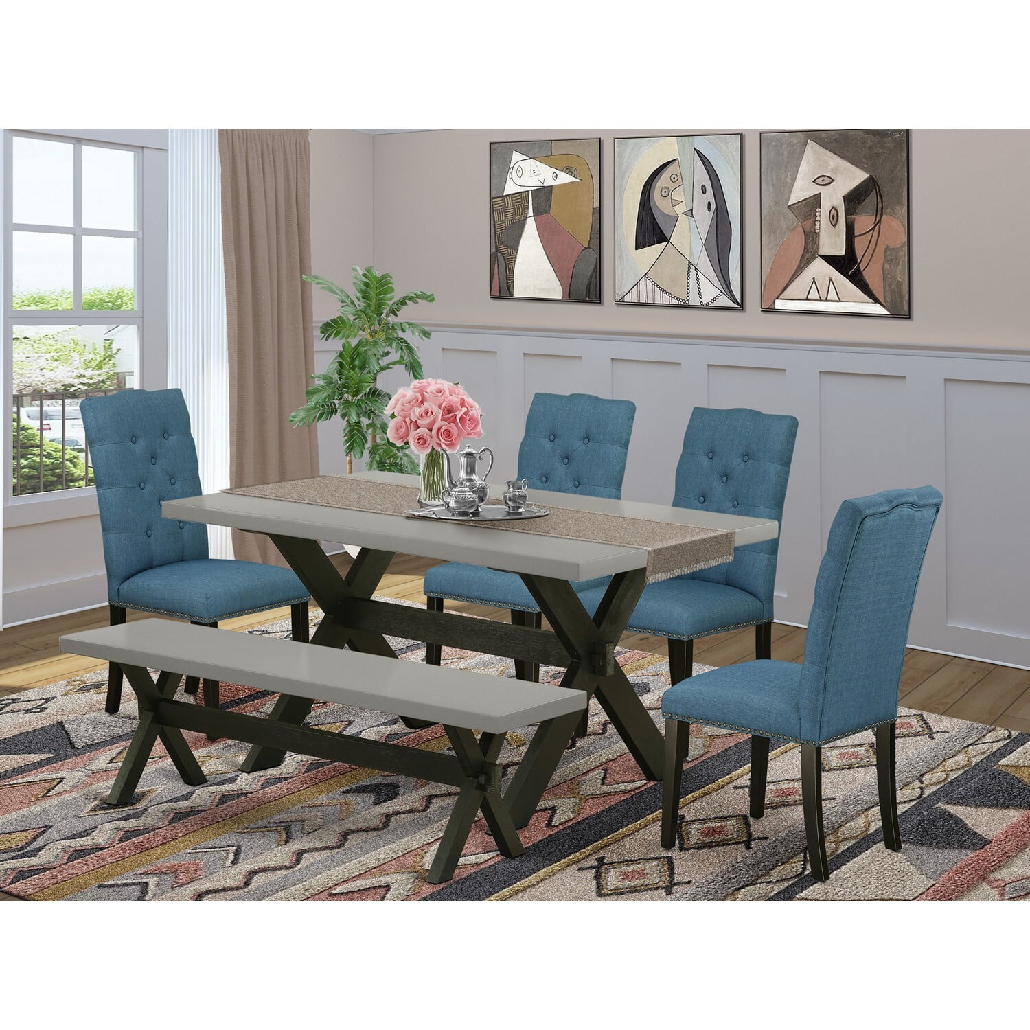 East West 6-Piece Wire Brushed Black and Mineral Blue Dining Set