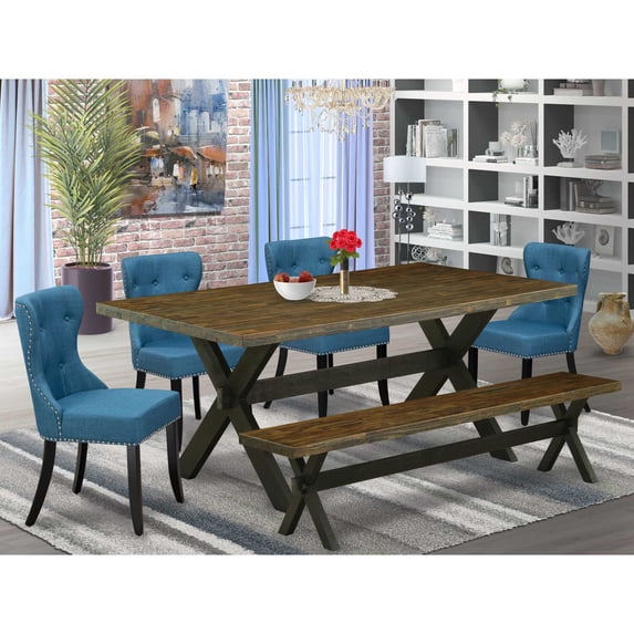 East West Furniture X677SI121-6 6-Piece Modern Dining Set- 4 Parson Dining Room Chairs with Blue Linen Fabric Seat and Button Tufted Chair Back - Rectangular Top & Wooden Cross Legs Kitchen Table and