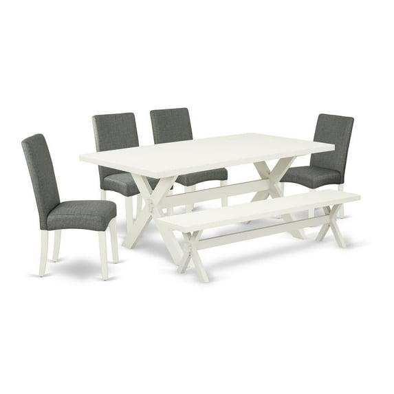 East West Furniture 6-Piece Wooden Dining Table Set-Gray Smoke Linen Fabric Seat and Stylish Chair Back Dining chairs, A Rectangular Bench and Rectangular Top dining table with Hardwood Legs -...