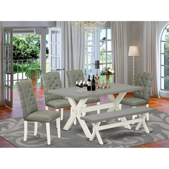 East West Furniture X-Style 6-piece Wood Dining Set in Linen White/Smoke/Cement