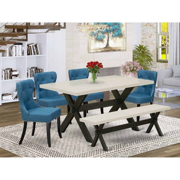 East West Furniture X626SI121-6 6-Piece Dining Table Set- 4 Upholstered Dining Chairs with Blue Linen Fabric Seat and Button Tufted Chair Back - Rectangular Top & Wooden Cross Legs Dining Table...