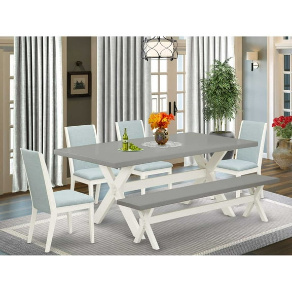 East West Furniture X097LA015-6 6-Piece Awesome Rectangular Dining Room Table Set an Excellent Cement Color Rectangular Dining Table Top and Cement Color Small Bench and 4 Awesome Linen Fabric...