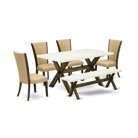 East West Furniture X-Style 6-piece Wood Dining Set with Fabric Seat in Brown
