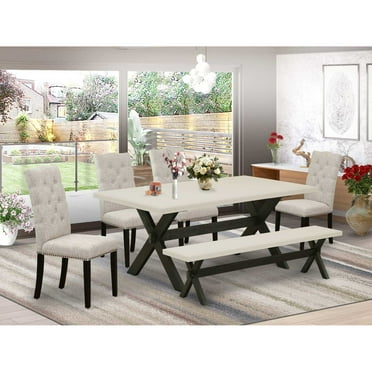 East West Furniture X-Style 6-piece Wood Dining Table Set in Black/Doeskin