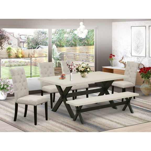 East West Furniture 6-Piece Mid Century Dining Table Set-Doeskin Linen Fabric Seat and Button Tufted Chair Back Upholstered Dining chairs, A Rectangular Bench and Rectangular Top dining table with...
