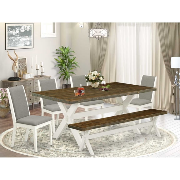 East West Furniture X077LA206-6 6-Piece Amazing Modern Dining Table Set a Great Distressed Jacobean Color Wood Dining Table Top and Distressed Jacobean Color Wooden Bench and 4 Beautiful Linen Fabric