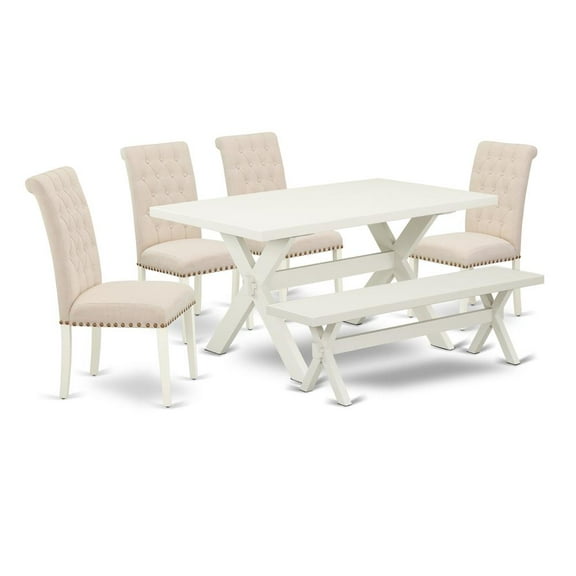 East West Furniture X-Style 6-piece Wood Dining Table Set in Linen White