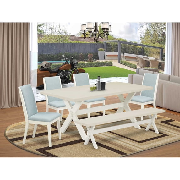 East West Furniture X027LA015-6 6Pc Kitchen Set Offers a Dining Room Table, 4 Parson Chairs with Baby Blue Color Linen Fabric and a Bench, Medium Size Table with Full Back Chairs, Wirebrushed...