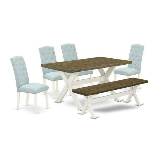 East West Furniture X076CE215-6 6-Pc Kitchen and Dining Room Set- 4 Parson Chairs with Baby Blue Linen Fabric Seat and Button Tufted Chair Back - Rectangular Top & Wooden Cross Legs Modern Dining...