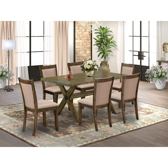 East West Furniture X776MZ716-7 7 Pc Modern Kitchen Dining Set - A Dining Table with Trestle Base and 6 Dining Chairs - Distressed Jacobean Finish