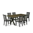 thumbnail image 1 of East West Furniture 7 Pc Dining Room Table Set - Distressed Jacobean Top Dinning Table with Trestle Base and 6 Dark Gotham Grey Linen Fabric Dining Chairs - Wire Brushed Black Finish, 1 of 2
