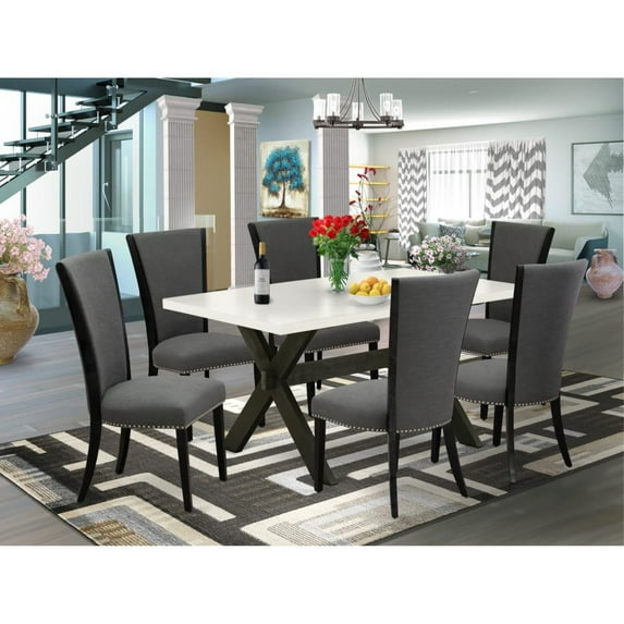 East West Furniture X-Style 7 Pieces Wood Dining Set in Black/White/Dark Gray