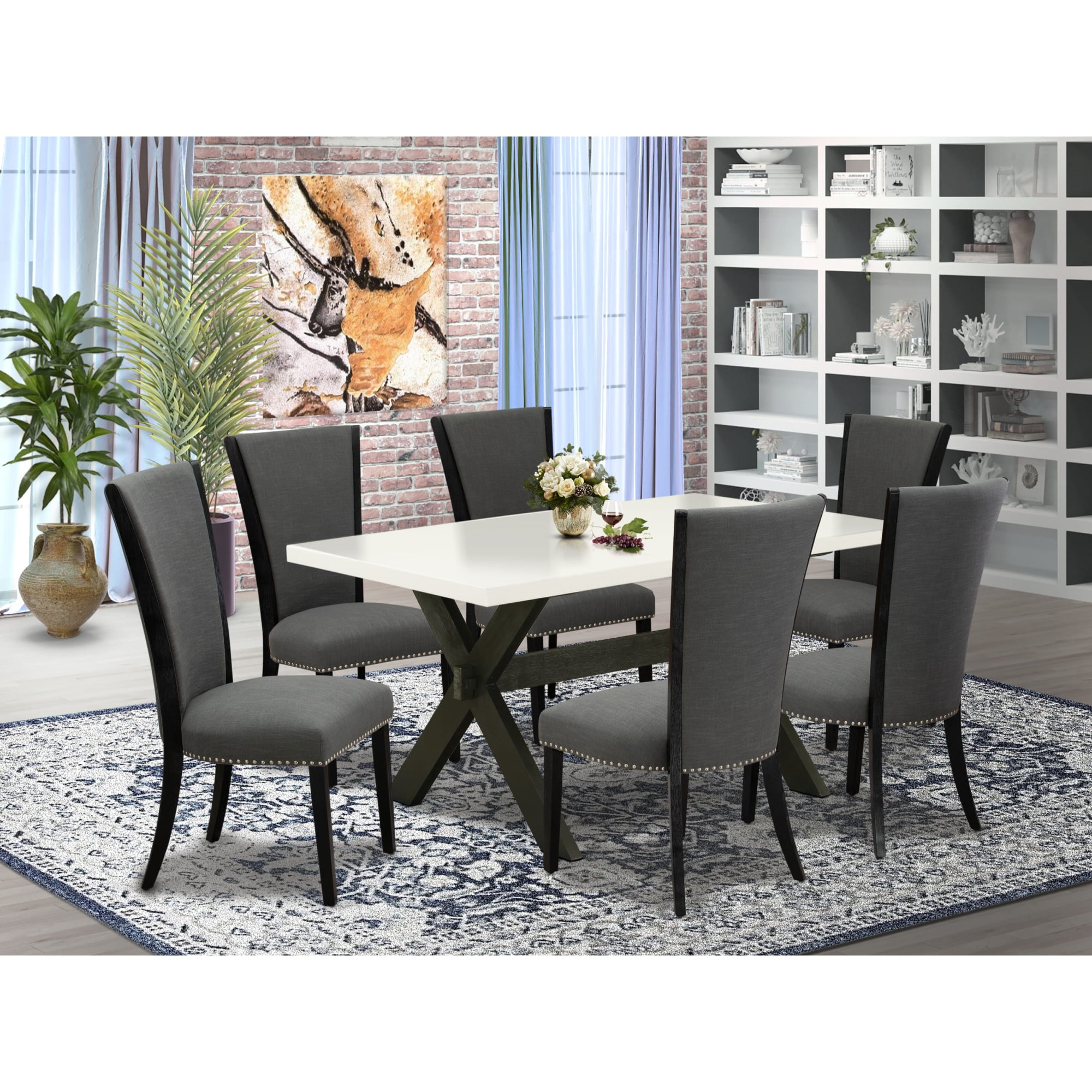 Natural Oak Finish 7-Piece Dining Set with Dark Gray Fabric Chairs