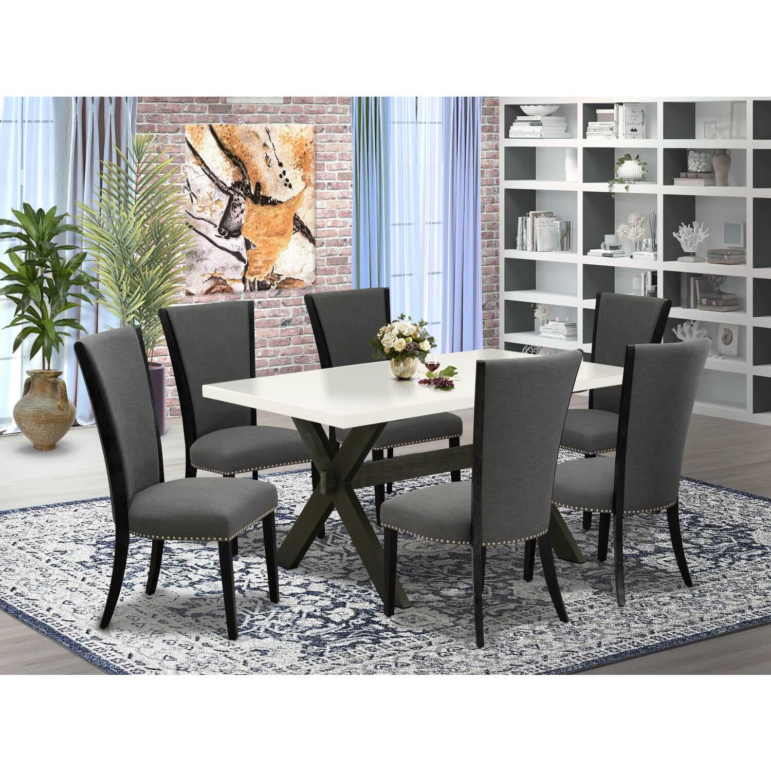 Natural Oak Finish 7-Piece Dining Set with Dark Gray Fabric Chairs