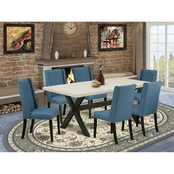 East West Furniture X627FL121-7 7-Piece Fashionable Dinette Set a Superb Linen White Modern Dining Table Top and 6 Attractive Linen Fabric Solid Wood Leg Chairs with Nail Heads and Stylish Chair...