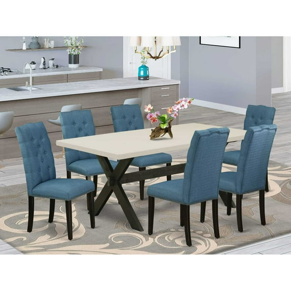 East West Furniture X627EL121-7 7-Piece Beautiful Dining Room Set an Excellent Linen White Kitchen Rectangular Table Top and 6 Excellent Linen Fabric Kitchen Chairs with Nail Heads and Button...