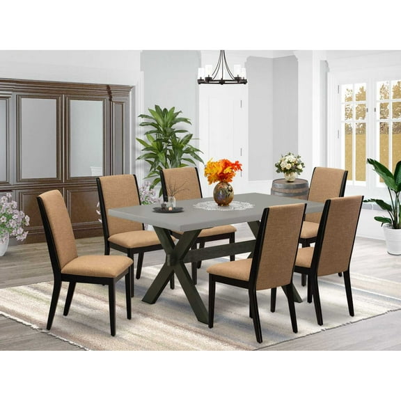 East West Furniture X696LA147-7 7-Piece Beautiful Dining Room Set a Superb Cement Color Kitchen Rectangular Table Top and 6 Gorgeous Linen Fabric Parson Chairs with Stylish Chair Back, Wire...