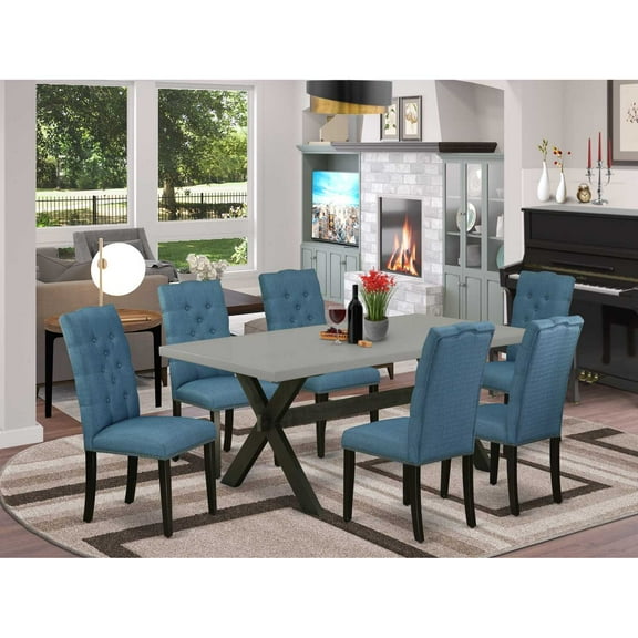East West Furniture 7-Piece Awesome Rectangular Table Set a Superb Cement Color Wood Table Top and 6 Attractive Linen Fabric Dining Room Chairs with Nail Heads and Button Tufted Chair Back, Wire...