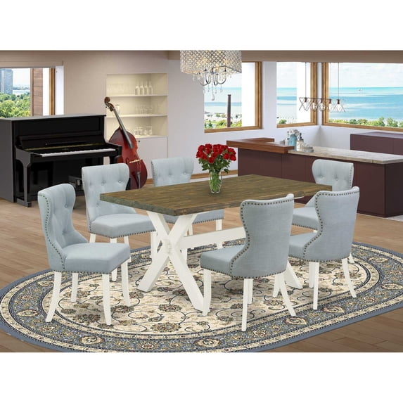 East West Furniture X076SI215-7 7-Pc Dinette Set- 6 Parson Chairs with Baby Blue Linen Fabric Seat and Button Tufted Chair Back - Rectangular Table Top & Wooden Cross Legs - Distressed Jacobean...