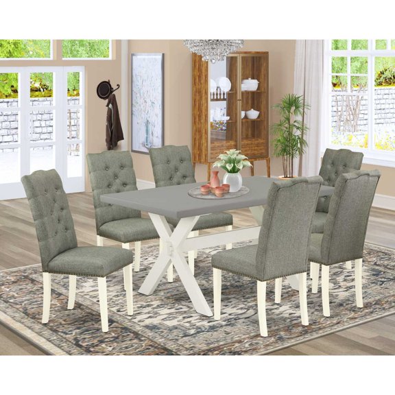 East West Furniture 7-Piece Modern Dining Set- 6 Upholstered Dining Chairs with Smoke Linen Fabric Seat and Button Tufted Chair Back - Rectangular Table Top & Wooden Cross Legs - Cement and Linen...