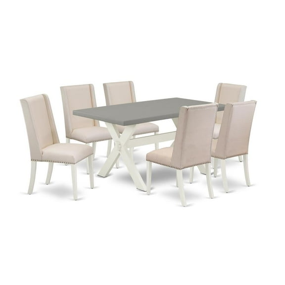East West Furniture X096FL201-7 7-Piece Awesome Rectangular Table Set a Superb Cement Color Dining Room Table Top and 6 Amazing Linen Fabric Dining Chairs with Nail Heads and Stylish Chair Back,...