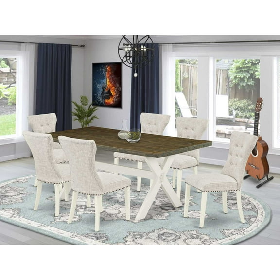 East West Furniture 7-Pc Dining Room Set- 6 Parson Dining Chairs with Doeskin Linen Fabric Seat and Button Tufted Chair Back - Rectangular Table Top & Wooden Cross Legs - Distressed Jacobean and...